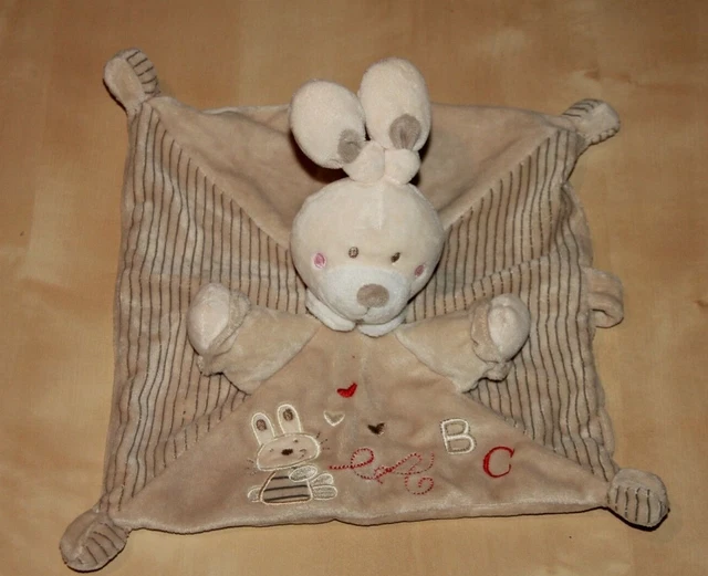 DOUDOU NICOTOY LAPIN PLAT BEIGE MARRON RAYE ABC  COEUR ROUGE pas servi