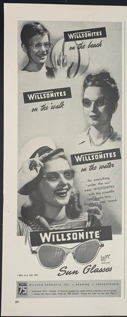 Magazine Ad* - 1946 - Willsonite Sun Glasses - Willson Products - Reading, PA