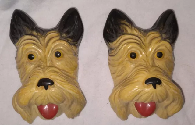 Vintage Pair of Chalkware Scottie Dog Head Wall Plaques Small 3 1/2" Terriers