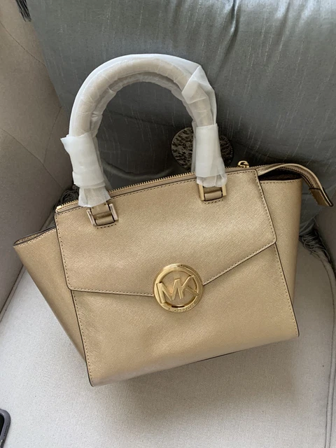 NWT Michael Kors  Hudson Medium Satchel Leather Crossbody Bag Pale Gold