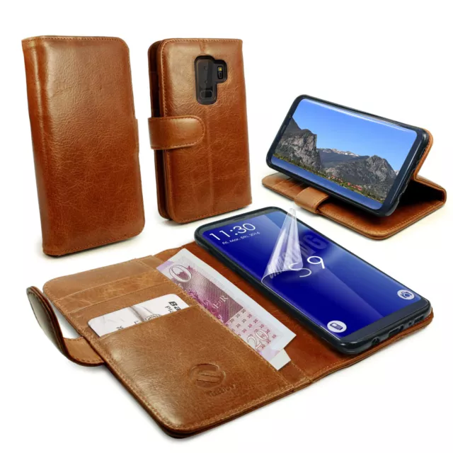 TUFF LUV Personalised Genuine Leather Wallet Case & Stand for Galaxy S9-Brown