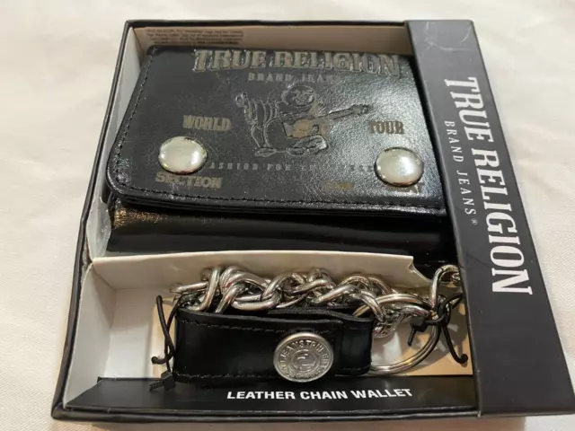 NWT True Religion EVANS TRIFOLD CHAIN WALLET Embossed Buddha BLACK Leather RFID