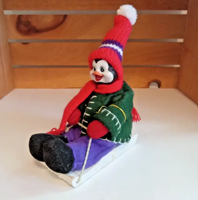 Holiday Penguin On A Sled Figurine Cloth Penguin w/Wooden Face and Sled Vntg ~5"