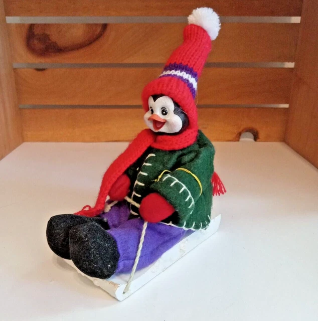 Holiday Penguin On A Sled Figurine Cloth Penguin w/Wooden Face and Sled Vntg ~5"