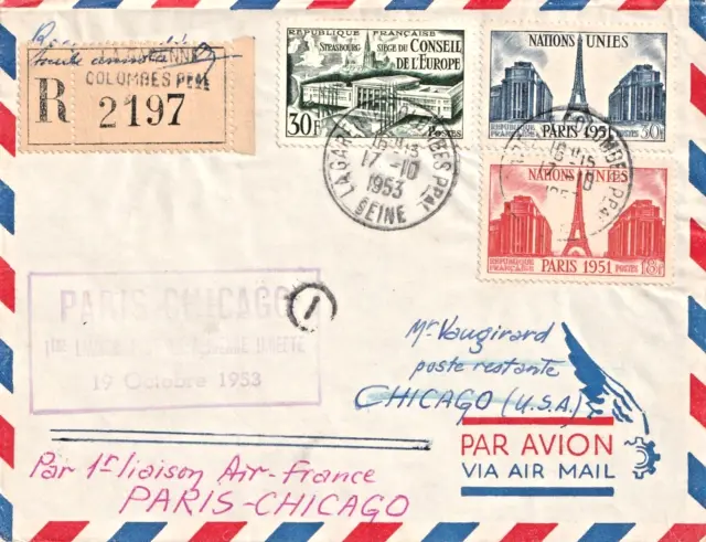 Enveloppe Paris-Chicago Par 1Ere Liaison Air France 19/10/53