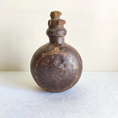 19c Vintage Primitive Iron Brass Oil Pot Container Original Old Wooden Cap Rare 2