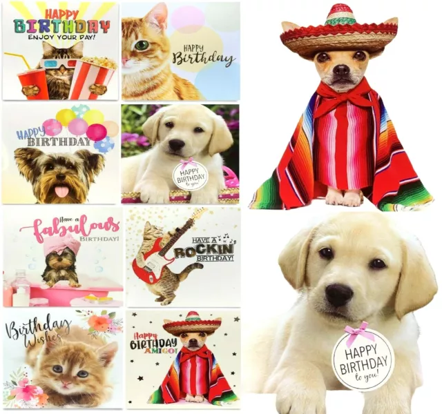 Pack of 8 Mixed Assorted Happy Birthday Pet Cards Greeting Card Cats & Dogs