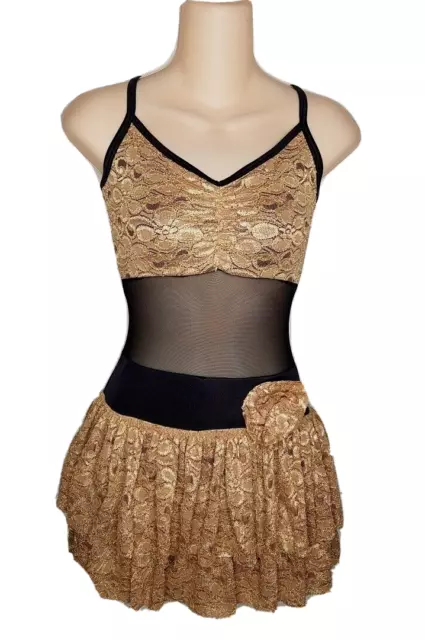 Into The Fire GOLD Adult Medium Dance Costume Lace & Black Mesh Ballet Tap Dress