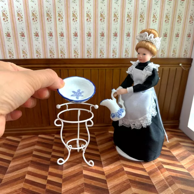Miniatures Dolls House White Ceramics Basin Metal Stand 1:12 Scale Bathroom Kit