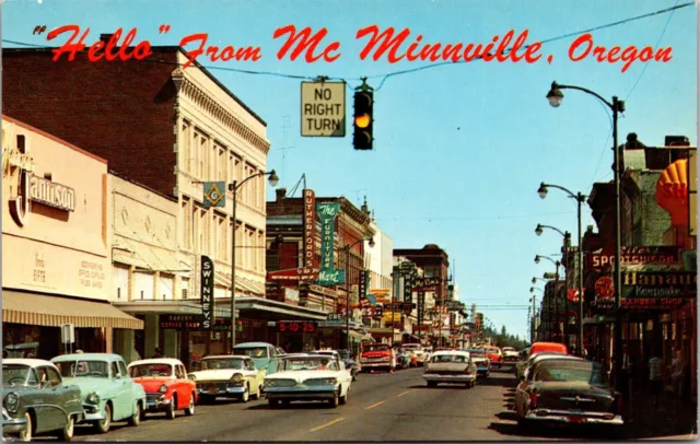 Postcard Hello from McMinnville, Oregon, Main Street Scene; 1950's Cars    S6
