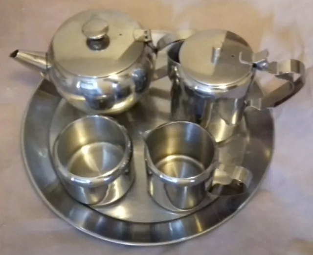 Vintage stainless steel TEA SET-Sunnex-Teapot, Hot Water Pot,Jug,Sugar Bowl,Tray