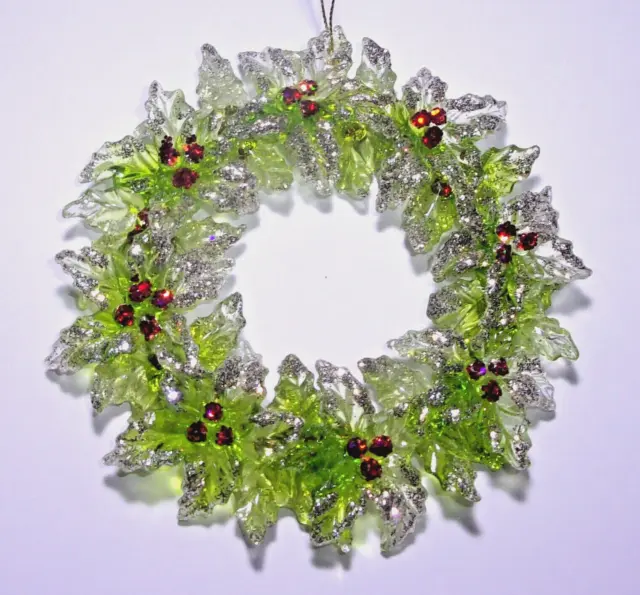 Green Silver Red Glittery Holly Berries Wreath Acrylic Christmas Ornament Vtg
