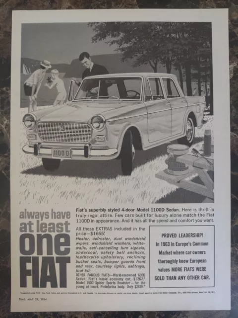 Fiat 1100D Sedan Car Picnic Lake 1964 Vintage Print Ad