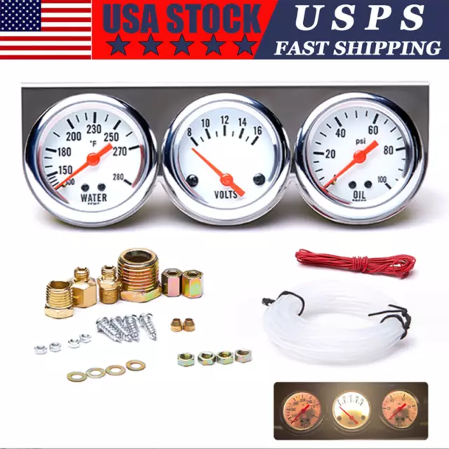 2" 52mm 3 in 1 Car Meter Oil Pressure Water Temp Ammeter Triple Gauge Kit Set