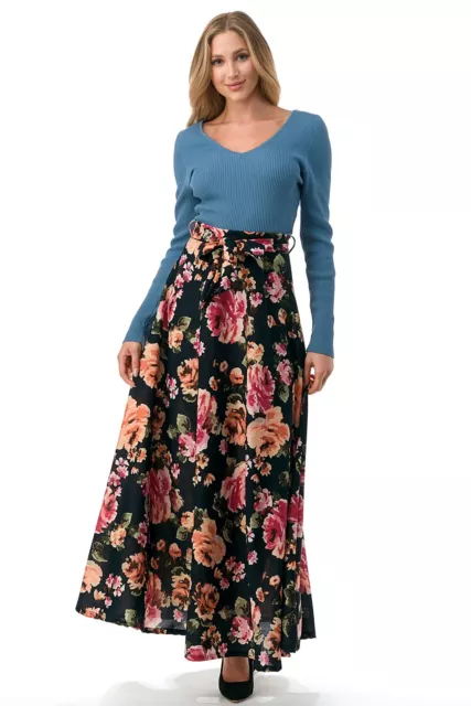 Bella Victoria Boutique NWT Women's High Waist Maxi Floral Skirt w Waist Tie