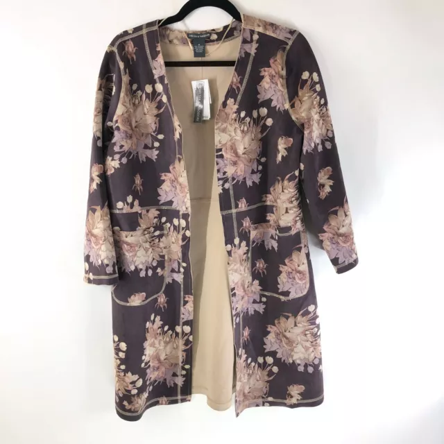 Chelsea & Theodore Womens Jacket Faux Suede Open Front Floral Brown Size M