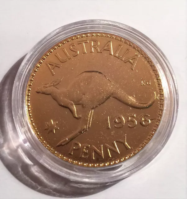1956 Circulated Australian Penny Coin 999 24k Gold HGE in Acrylic Capsule. QE 11