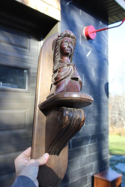 Antique Carved Walnut Victorian Figural Ladie Head Ornement Architectural Parts
