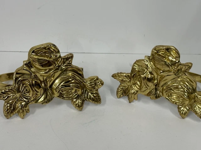VTG BRASS Curtain Tiebacks 2 Solid Brass Rose Flower Tie Backs Holdbacks Set (1)