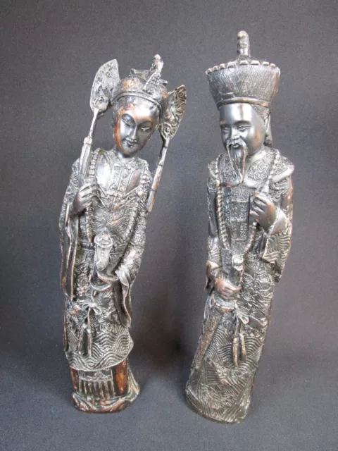 2 x Vintage Large Hand Carved Resin Chinese Emperor and Empress Figurines