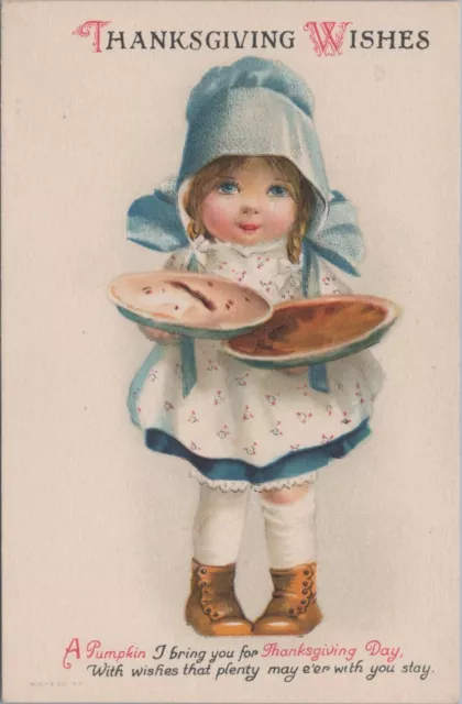 Postcard WOLF Unsigned Clapsaddle Thanksgiving Wishes Girl Holding Pies - A167