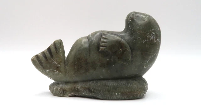 Vintage INUIT Soapstone Carving Seal Signed ED 4"