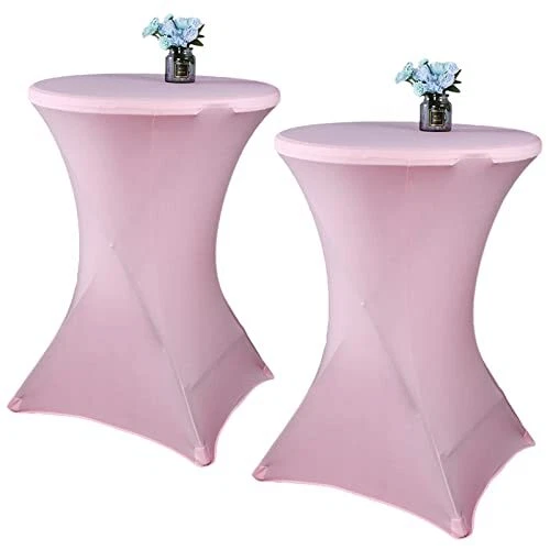 2 Pack 32x43 Inch Pink Cocktail Tablecloth Spandex Round Fitted Table Cover f...