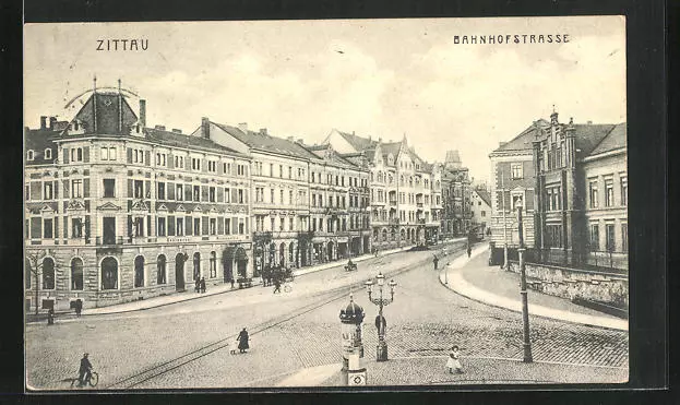 Zittau i. Sa., Ansichtskarte, Passanten in der Bahnhofstraße 1908
