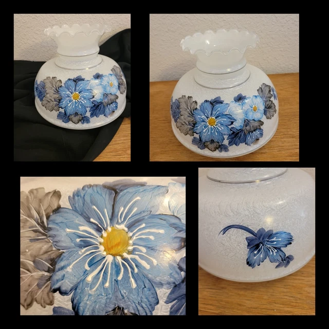 vintage Large Hurricane Lamp Shade white & blue flowers floral 6.75" fitter
