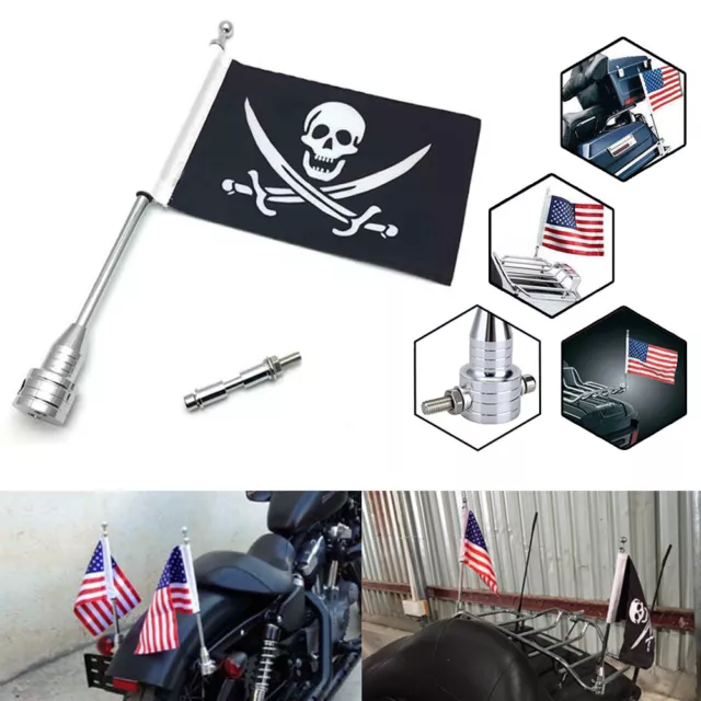 Motorrad Piraten Flagge Fahne Jolly Roger Fahnenmast 39cm Silber Für Harley AF