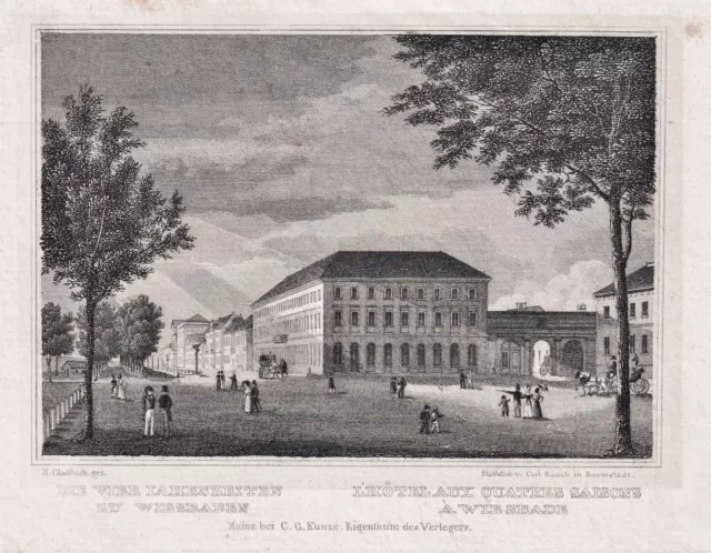 Wiesbaden Hotel Vier Jahreszeiten Hessen Ansicht Stahlstich Grünewald 1840
