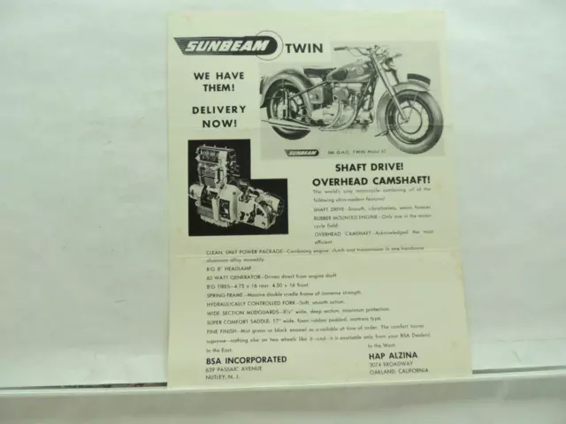 Sunbeam Twin 500 OHC Twin Model S7 Motorcycle Brochure B6568