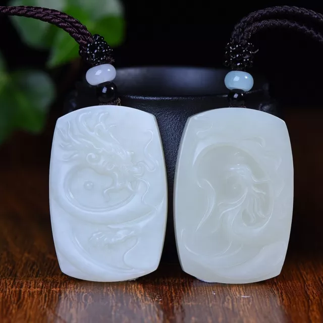 Chinese Hetian White Jade Hand Carving Animal Dragon and Phoenix Pendant Pair