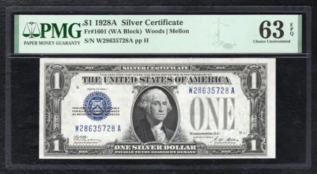 Fr. 1601 1928-A $1 “Funnyback” Silver Certificate “W-A Block” Pmg Unc-63Epq