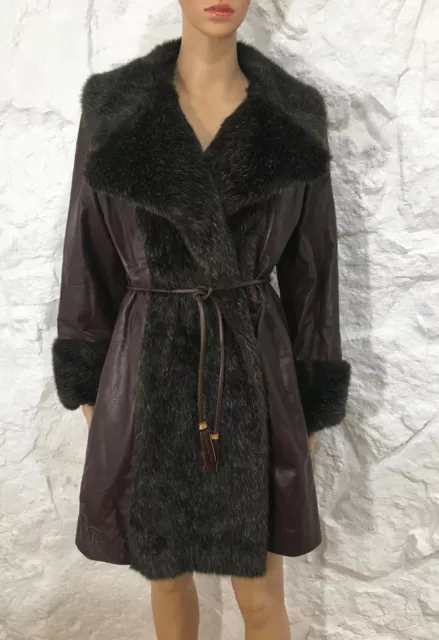 Vintage 1960's Lilli Ann London Leather & Faux Fur Belted Coat Hippy Mod