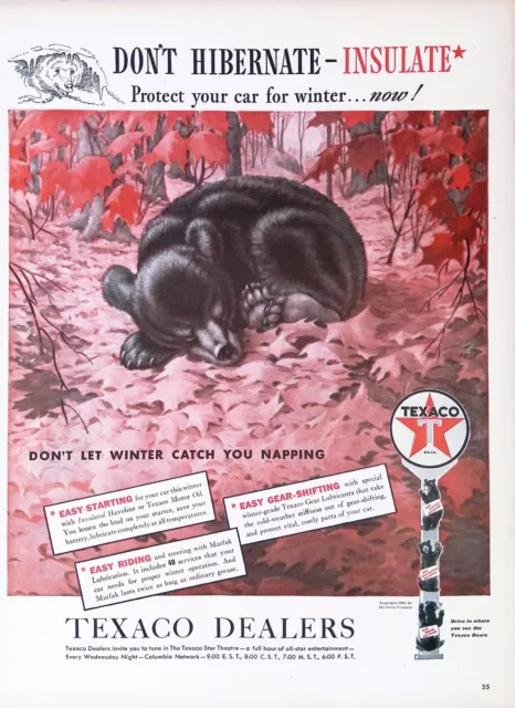 Vintage Print Ad 1939 Texaco Bear Hibernate Texas Star Theatre Columbia Network