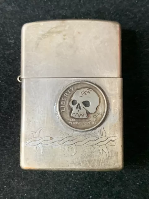 Carved Art Zippo Lighter w/ Hobo Nickel Skull