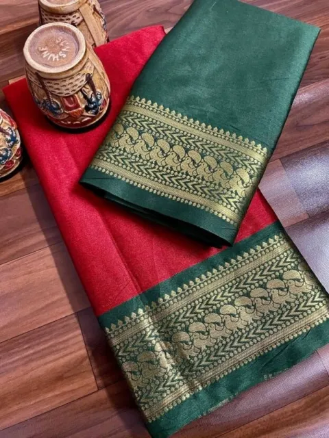 Intrecciato Tinta Unita Kanjivaram Arte Seta,Cotone Seta Sari Festa Wear Indiano