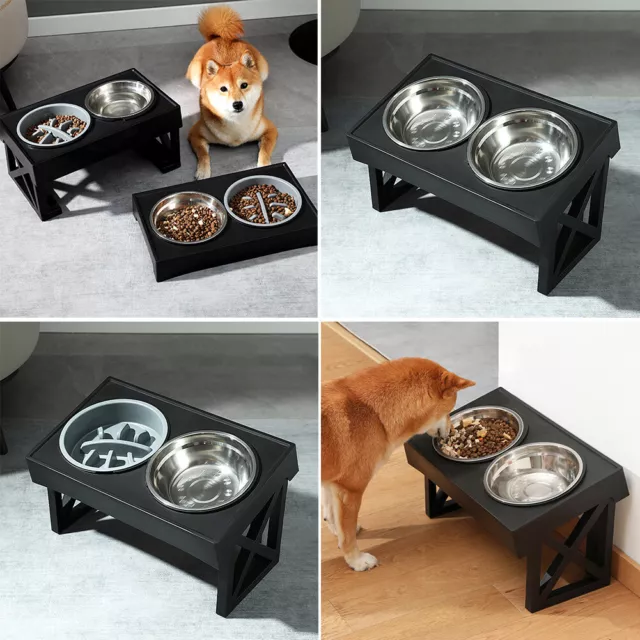Pet Cat Dog Feeding Double Bowls Raised Elevated Stand Tilted Feeder Food &Water