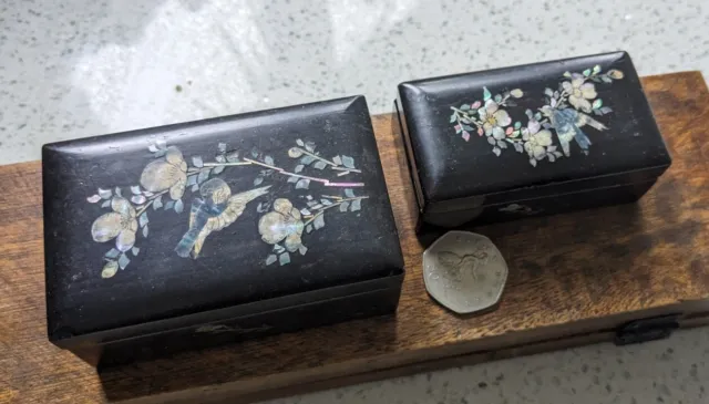 X2 Vintage Chinese / Asian Lacquer Inlaid Bird Mother Of Pearl Trinket Boxes 3
