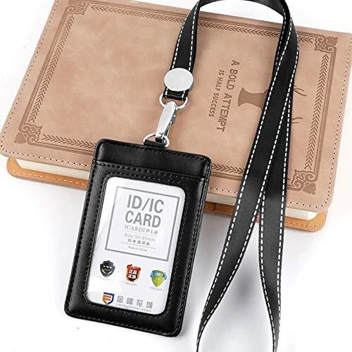 2 Sided Leather ID Badge Card Holder Wallet with Detachable Neck Lanyard