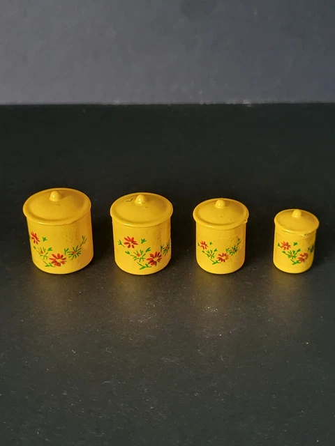 Dolls House - Set Of 4 Yellow Painted Storage Tins - 1/12Th Scale