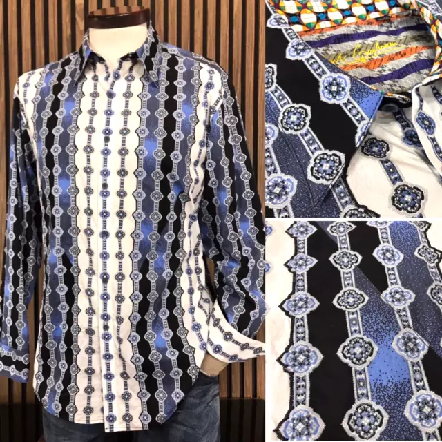 Robert Graham XL VICTORIAN GEO Button Shirt Damask Stripe Mens White Blue Black