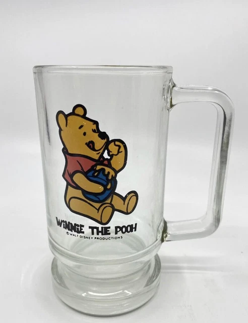 Vtg 1980s Disney Productions 5.5” POOH BEAR & HUNNY Clear Glass Handle Mug Cup