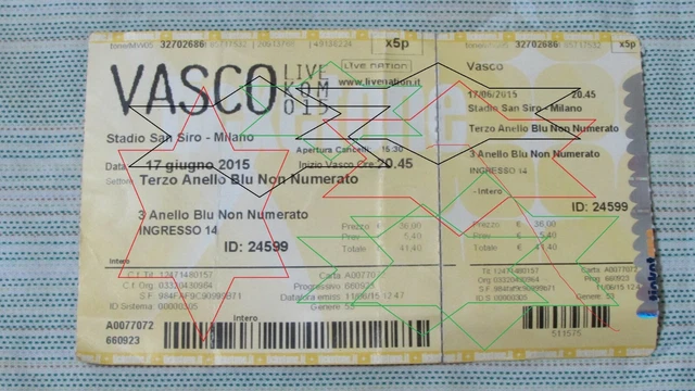 Biglietto Concerto Di Vasco Rossi Live Kom  2015 San Siro Milano 17-5-2015