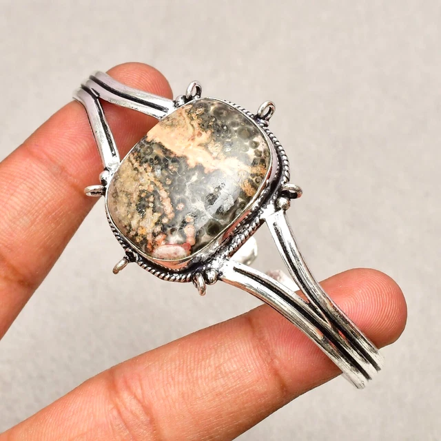 Bracelet Manchette Réglable En Argent Sterling 925 - Pierre Jaspe Léopard Naturelle - Fait Main En Inde