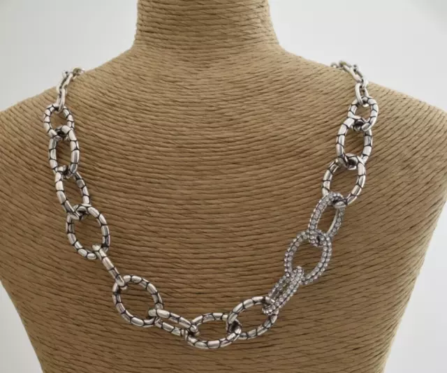 Brighton Pebble Pave Clear Crystal Necklace Silvertone Oval Links