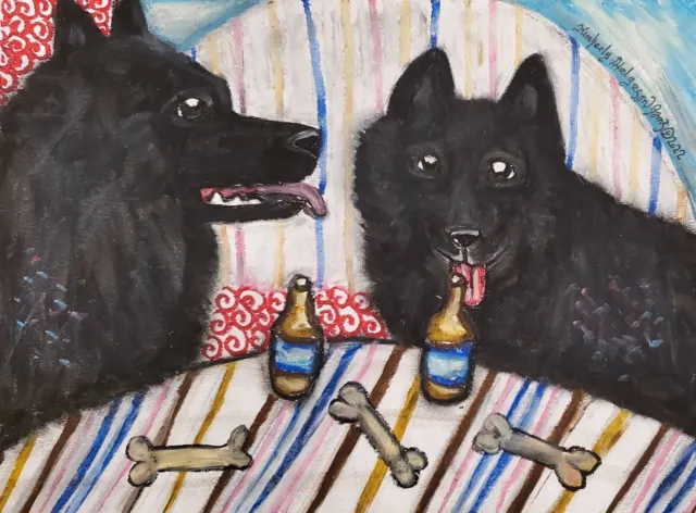 SCHIPPERKE at the Pub Contemporary 4 x 6 ART Print by Artist KSams  Dogs Beer