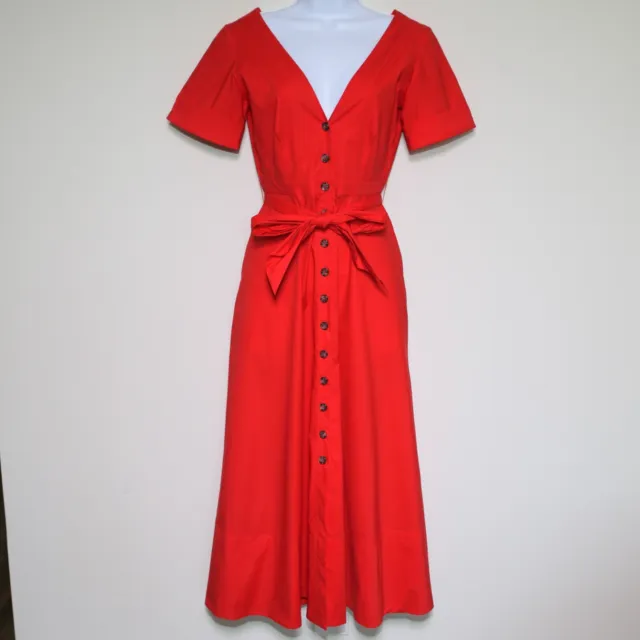 $595 SALONI - Red Cotton Button Front V-Neck Open Back Zoey Dress - Women's US 4