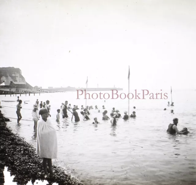 France Enfants Famille à la plage c1930 Photo Plaque Stereo Vintage V33L19n